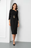 Kadın Siyah Kemer Detay Midi Davet Elbisesi