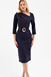 Kadın Lacivert Kemer Detay Midi Davet Elbisesi