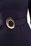Kadın Lacivert Kemer Detay Midi Davet Elbisesi