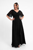 Kadın Siyah V Yaka Taşlı Büyük Beden Uzun Şifon Abiye Elbise