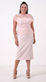 Kadın Pudra Dantelli Midi Abiye Elbise