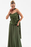 Kadın Haki Straplez Pul Payet Piliseli Uzun Abiye Elbise