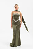 Kadın Haki Straplez Taşlı Uzun Saten Abiye Elbise
