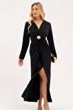 Kadın Siyah İstiridye Aksesuarlı Uzun Kol Elbise