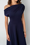 Kadın Lacivert Düşük Omuzlu Midi Boy Elbise