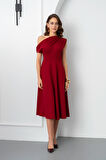 Kadın Bordo Düşük Omuzlu Midi Boy Elbise