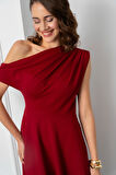 Kadın Bordo Düşük Omuzlu Midi Boy Elbise