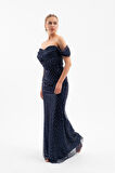 Kadın Lacivert Madonna Yaka Boncuklu Uzun Abiye Elbise