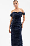 Kadın Lacivert Madonna Yaka Boncuklu Uzun Abiye Elbise
