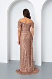 Kadın Gold Pul Payet İşlemeli Uzun Abiye Elbise