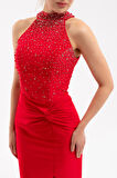 Kadın Kırmızı Halter Yaka Taşlı Uzun Abiye Elbise