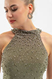 Kadın Haki Halter Yaka Taşlı Uzun Abiye Elbise