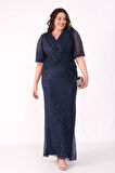Kadın Lacivert V Yaka Kısa Kol Boncuk İşlemeli Büyük Beden Abiye Elbise