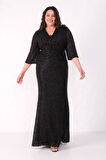 Kadın Siyah V Yaka Boncuklu Büyük Beden Abiye Elbise