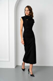 Kadın Siyah Yaka Detay Midi Davet Elbisesi