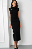 Kadın Siyah Yaka Detay Midi Davet Elbisesi