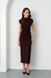 Kadın Kahverengi Yaka Detay Midi Davet Elbisesi