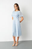 Kadın Bebe Mavi Balon Kol Pul Payet Midi Abiye Elbise