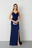 Kadın Lacivert Sırt Dekolteli Simli Uzun Abiye Elbise