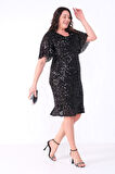 Kadın Siyah Degaje Yaka Pul Payet Büyük Beden Abiye Elbise
