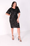 Kadın Siyah Degaje Yaka Pul Payet Büyük Beden Abiye Elbise