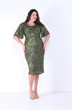 Kadın Haki Degaje Yaka Pul Payet Büyük Beden Abiye Elbise