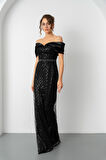 Kadın Siyah Yaka Organze Detay Pul Payetli Uzun Abiye Elibse
