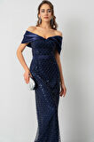 Kadın Lacivert Yaka Organze Detay Pul Payetli Uzun Abiye Elibse