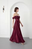 Kadın Bordo Kayık Yaka Taşlı Uzun Söz Nişan Nikah Abiye Elbise