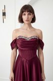 Kadın Bordo Kayık Yaka Taşlı Uzun Söz Nişan Nikah Abiye Elbise
