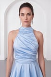Kadın Bebe Mavi Halter Yaka Saten Mini Mezuniyet Abiye Elbise