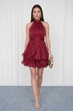 Kadın Bordo Halter Yaka Volanlı Mini Mezuniyet Elbise