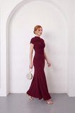 Kadın Bordo Drapeli Dik Yaka Örme Maxi Boy Davet Elbisesi