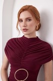 Kadın Bordo Drapeli Dik Yaka Örme Maxi Boy Davet Elbisesi