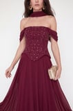 Kadın Bordo Şal Yaka Peplum Detay Uzun Şifon Abiye Elbise