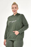 Kadın Büyük Beden İtalyan Yıkama Haki Kapşonlu Sweatshirt