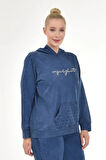 Kadın Büyük Beden İtalyan Yıkama Lacivert Kapşonlu Sweatshirt