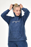 Kadın Büyük Beden İtalyan Yıkama Lacivert Kapşonlu Sweatshirt