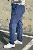 Büyük Beden İndigo Beli Lastikli Keten Pantolon