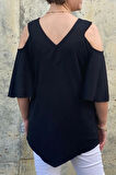 Büyük Beden Siyah Arkası & Önü V Yaka Bluz
