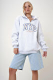 Kadın Grimelanj Dik Yaka Fermuar Önü Nakışlı Oversize 3 İplik Şardonlu Unisex Sweatshirt