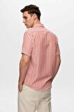 Slim Fit Kırmızı Gofre Çizgili Kısa Kollu Yazlık Gömlek 8HC02ORT04265