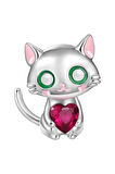 Pembe Kalp Tutan Kedi Charm | 925 Ayar Gümüş