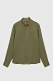 Slim Fit Haki Oxford Düğmeli Yaka Kolay Ütülenebilir Nakış Detaylı Pamuklu Gömlek 4HC02ORT03265