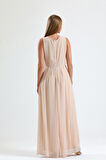 Astarlı Pileli Şifon Uzun Elbise Bej