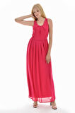 Astarlı Pileli Şifon Uzun Elbise Fuşya