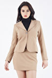 Önü Tek Düğmeli Manşetler Çift Düğmeli Likralı Fitilli Ceket | Ckt32385 Bej