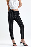 Beli Kemerli Bilekte  Pantolon | PNT19022 Siyah Çizgili