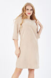Sırtı 40 Cm.Gizli Fermuarlı Truvakar Kol Kadife Elbise | Elb32565 Bej