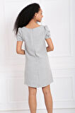 Sırtı Gizli Fermuarlı Kısa Kol Elbise | ELB32686 Grı Muline